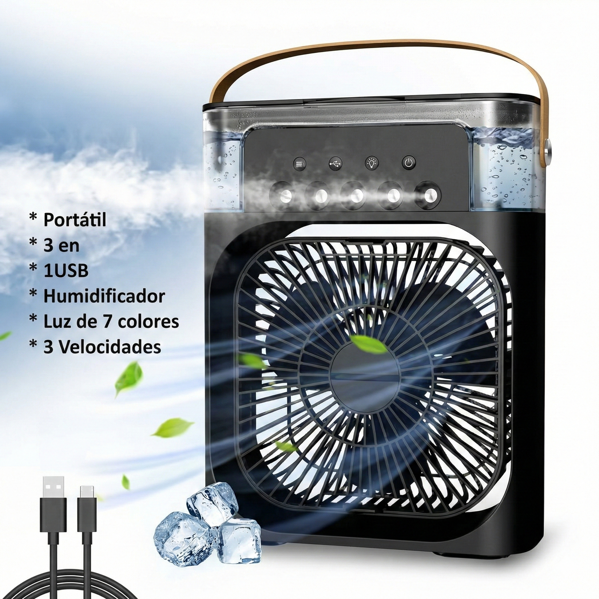 MINI VENTILADOR LUZ LED - HUMIDIFICADOR 3EN1